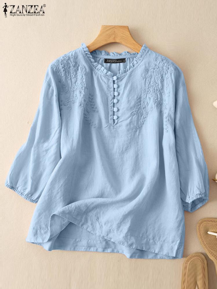 Embroidery Workshop - ZANZEA Summer Vintage Shirts Elegant OL
