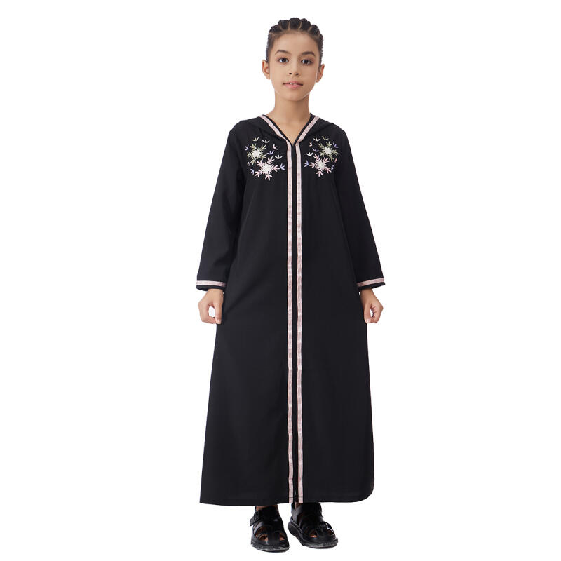 Embroidery Arabic - Girls Hooded Abaya Floral Embroidery Long
