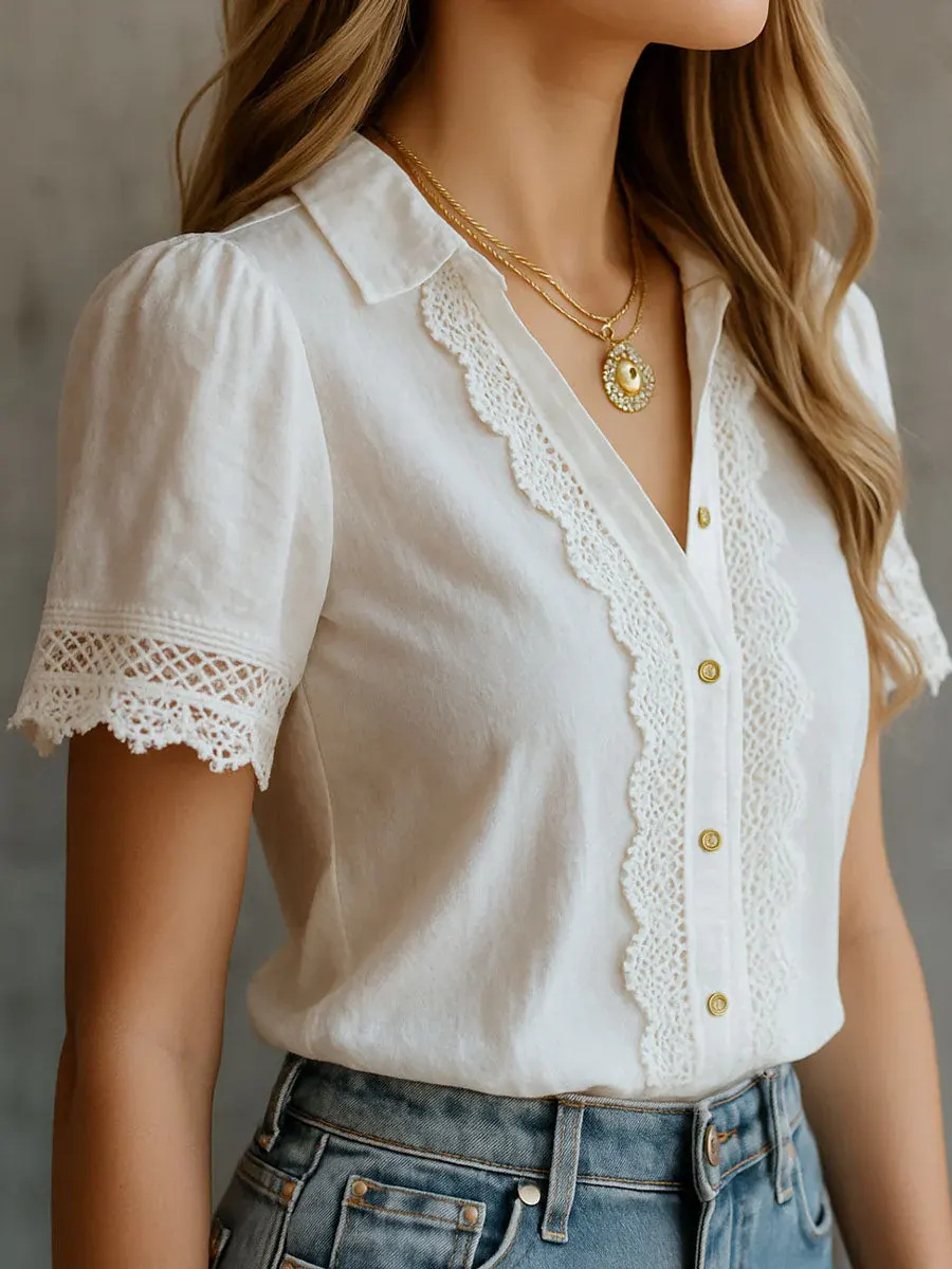 Embroidery On Shirt - Elegant Women's Shirts Casual Solid Color
