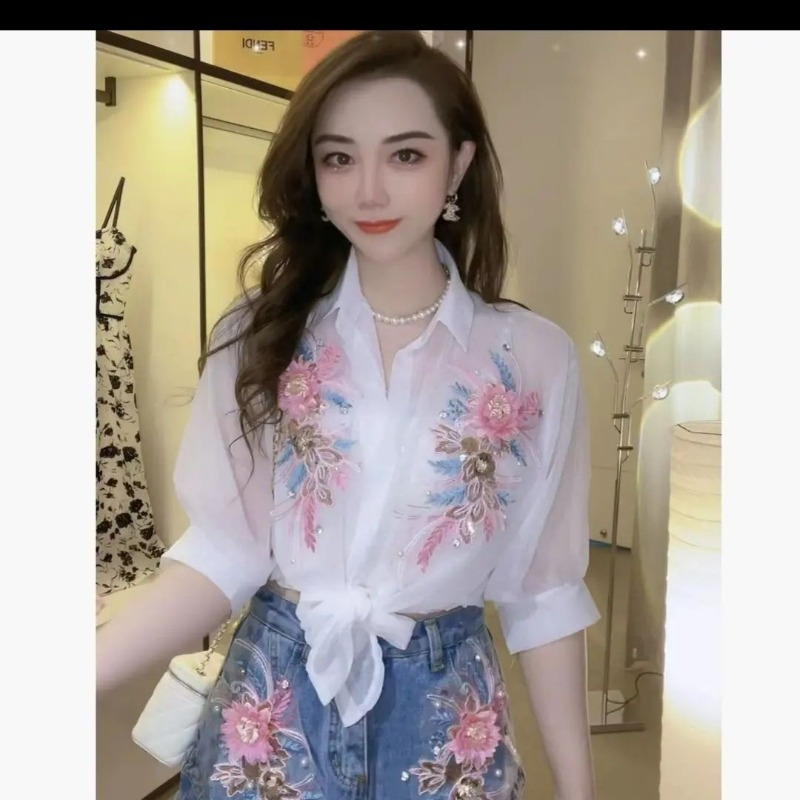 Embroidery On Shirt - 2024 Summer New Office Lady Temperament