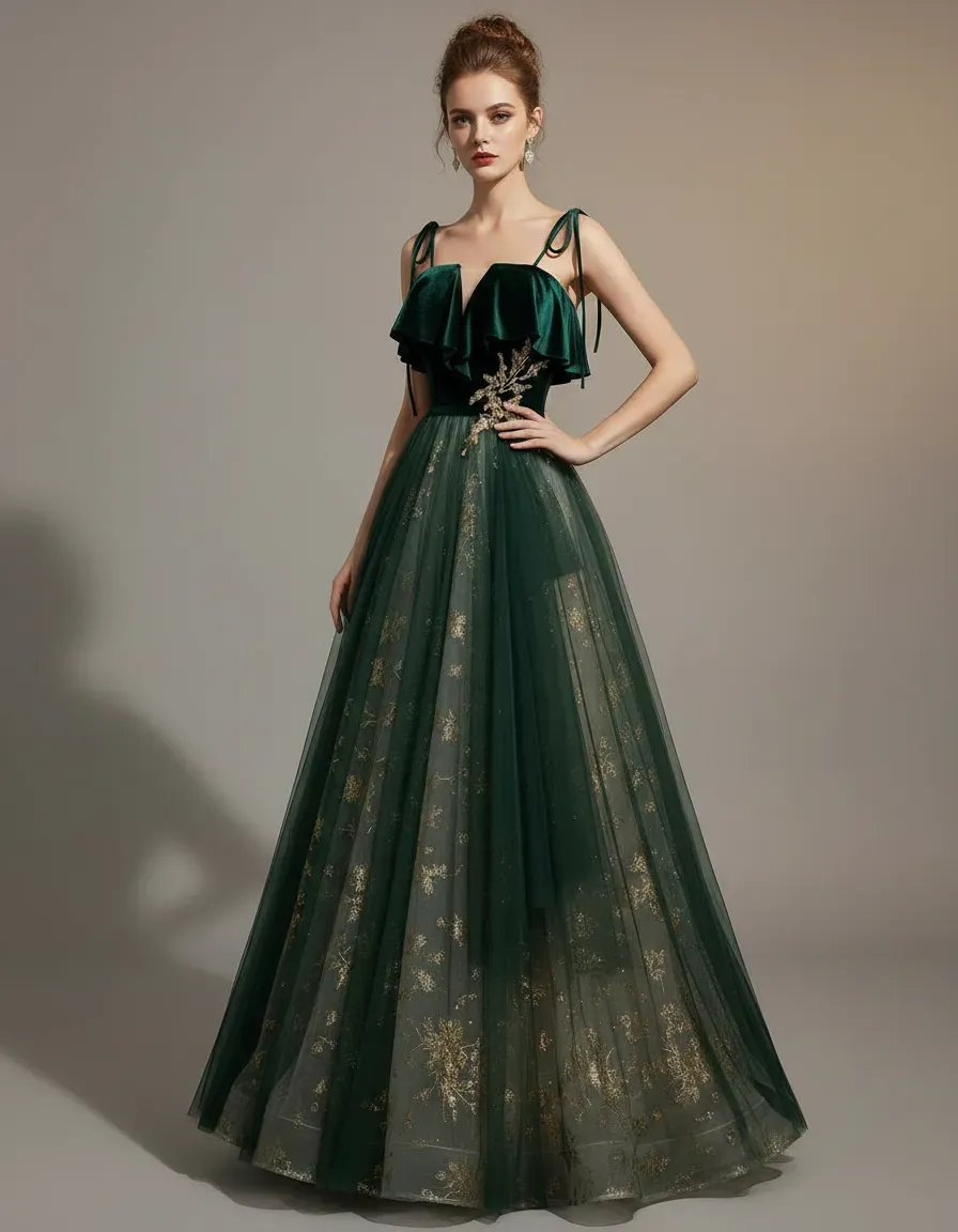 Embroidery Gold - Emerald Green Velvet Top Tulle Skirt
