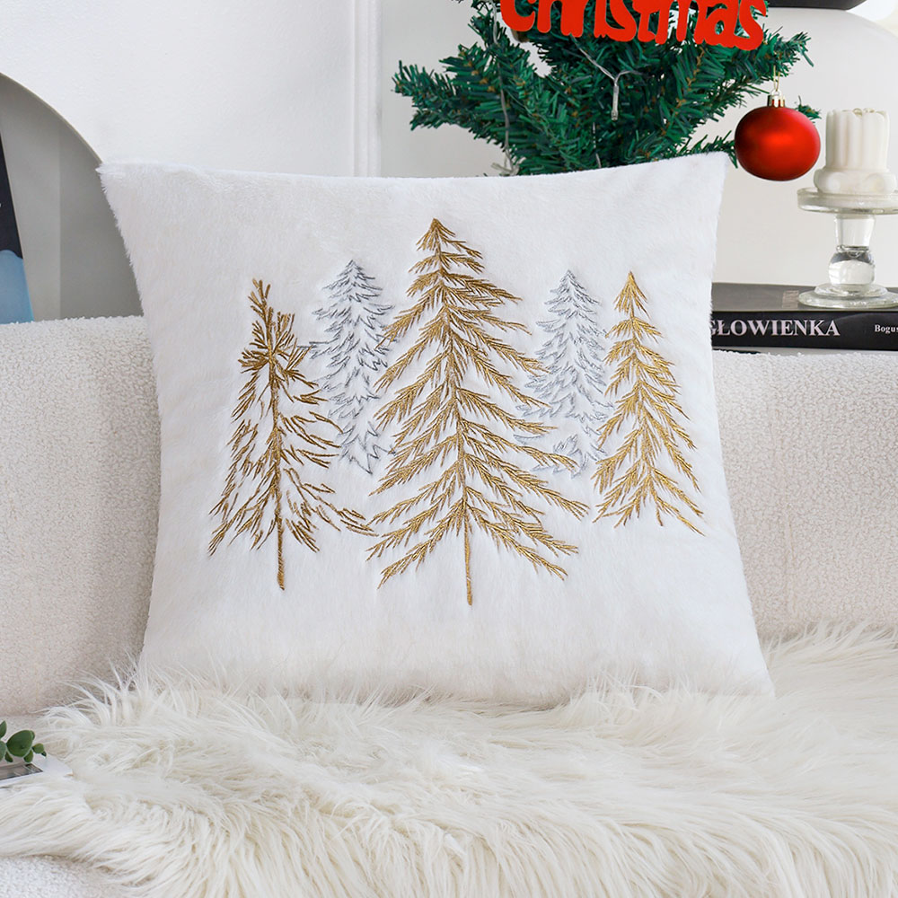 Embroidery Xmas - Christmas Faux Rabbit Fur Pillow Cover