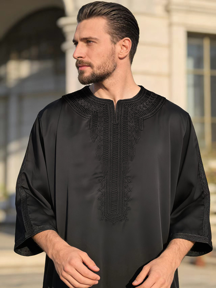Summer Kaftan Muslim Mens Half - Embroidery Arabic review and price