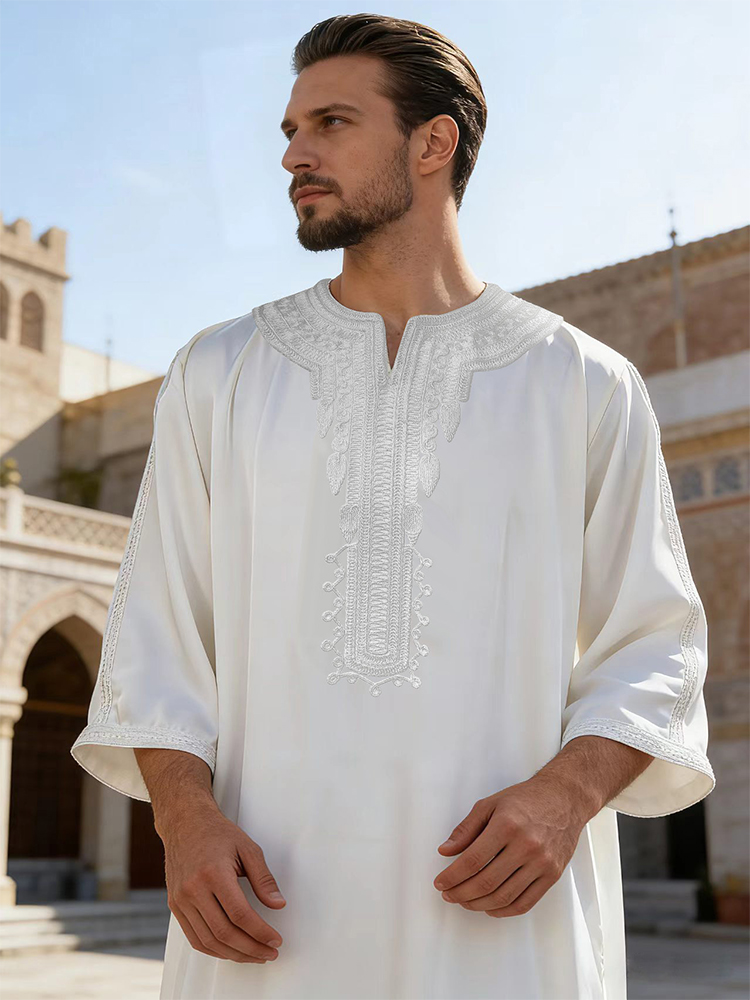 Summer Kaftan Muslim Mens Half - Embroidery Arabic review and price
