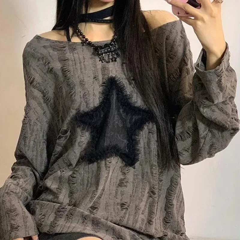 Y2K Hole Star Print T-Shirt Wo - Embroidery On Shirt review and price