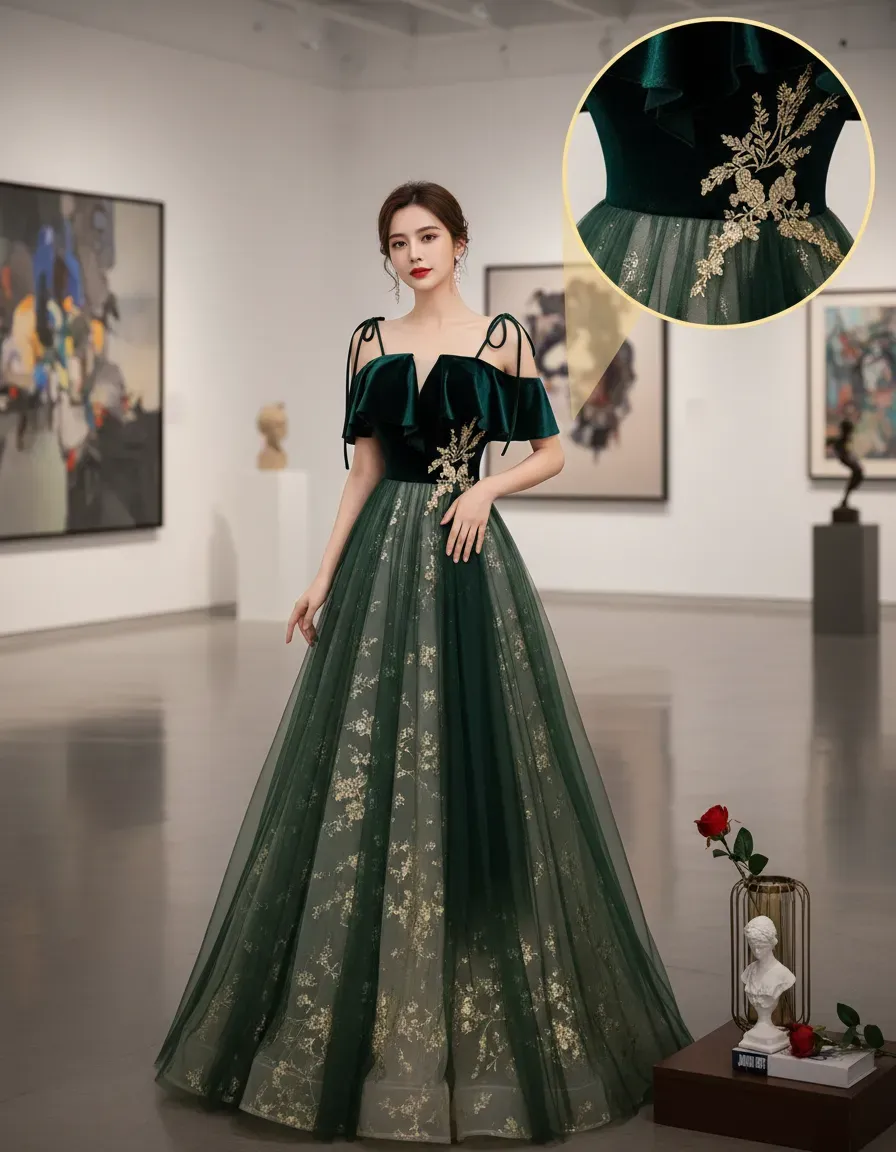 Emerald Green Velvet Top Tulle - Embroidery Gold review and price