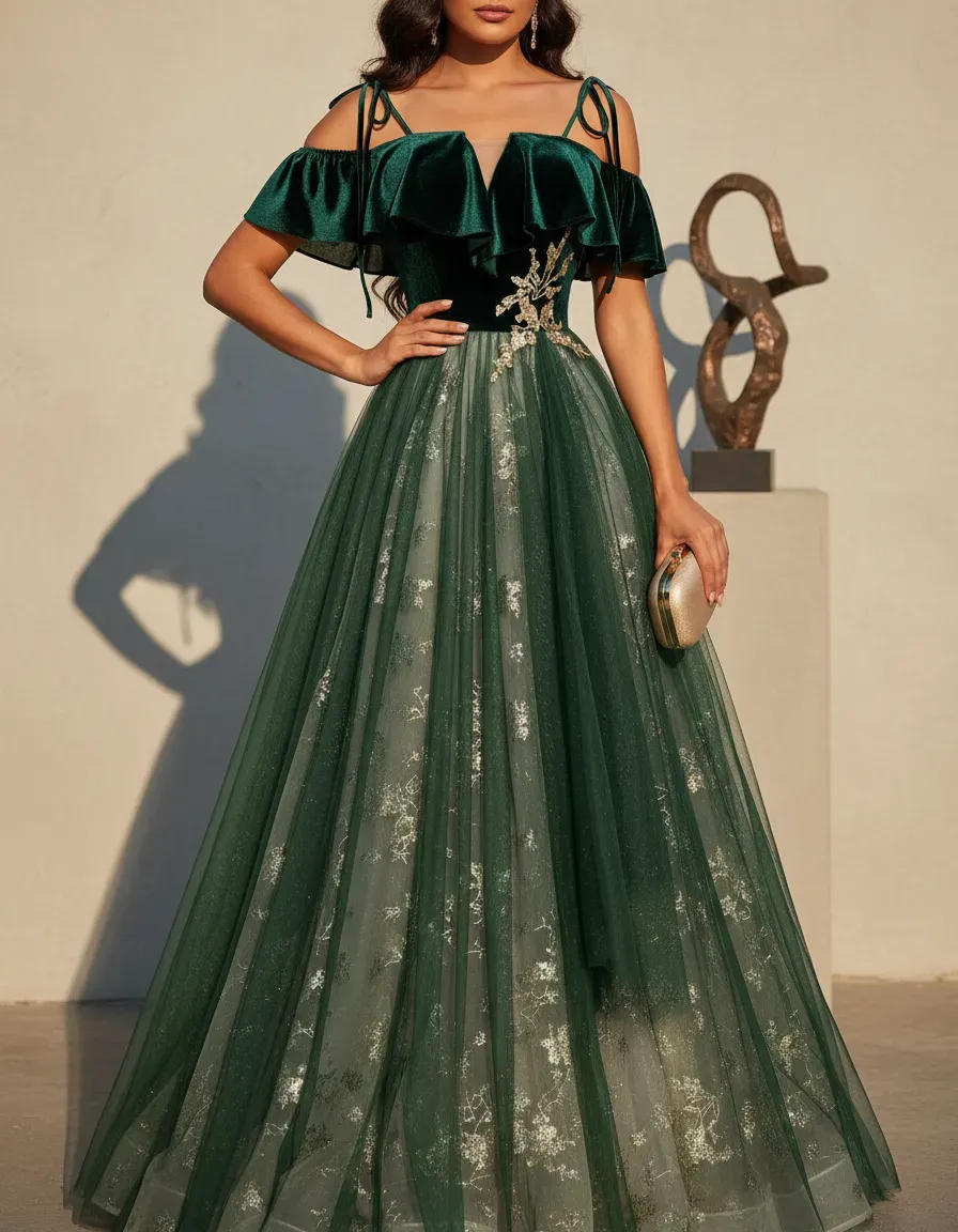 Emerald Green Velvet Top Tulle - Embroidery Gold review and price